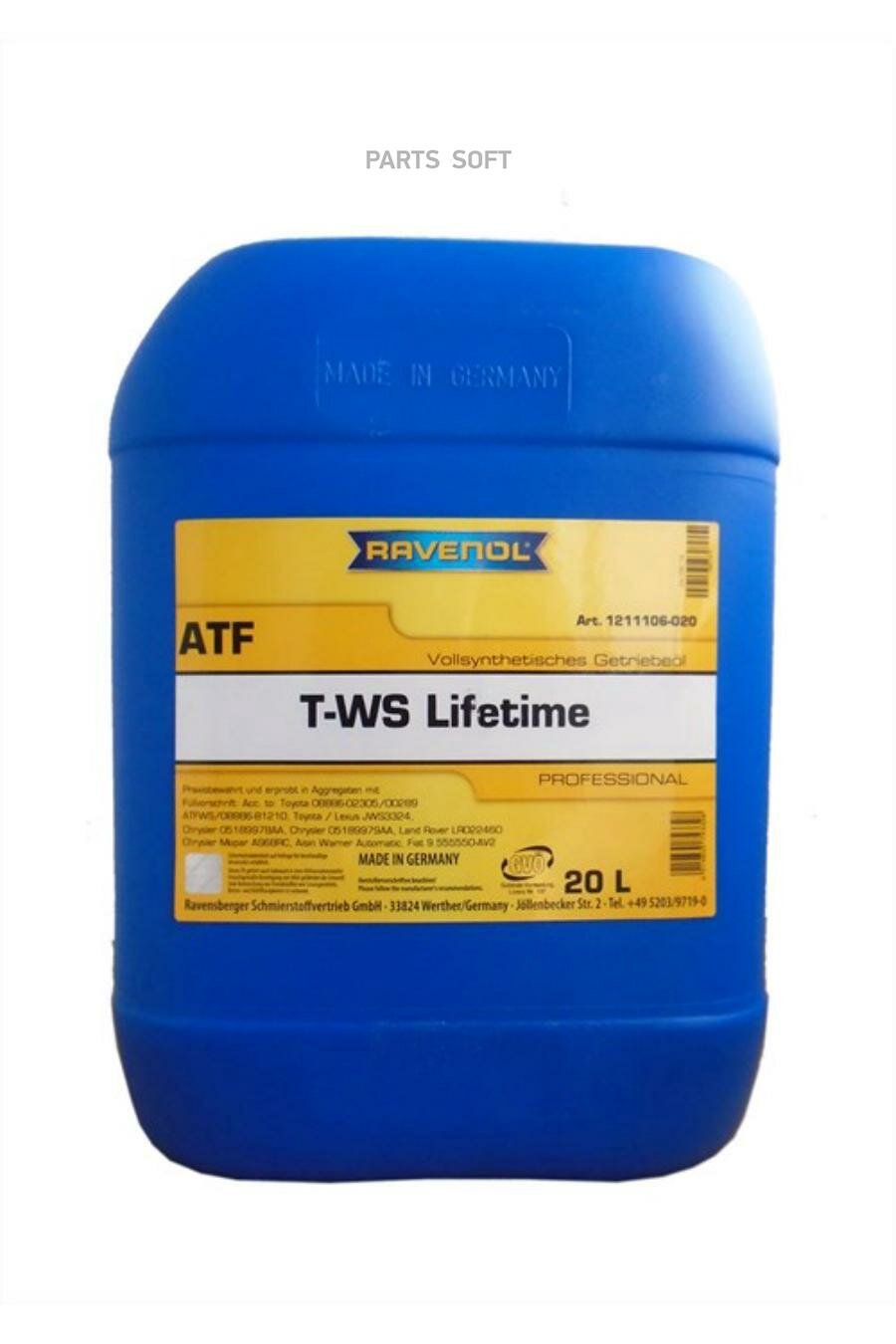 Трансмиссионное масло ATF T-WS Lifetime (20л) (второй номер 4014835743328) RAVENOL / арт. 121110602001999 - (1 шт)