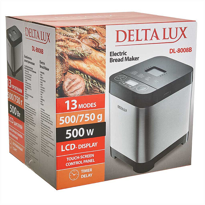 Хлебопечь электрическая 500 Вт, 500/750 г, 13 программ DELTA LUX DL-8008В серебристая с черным - фотография № 11