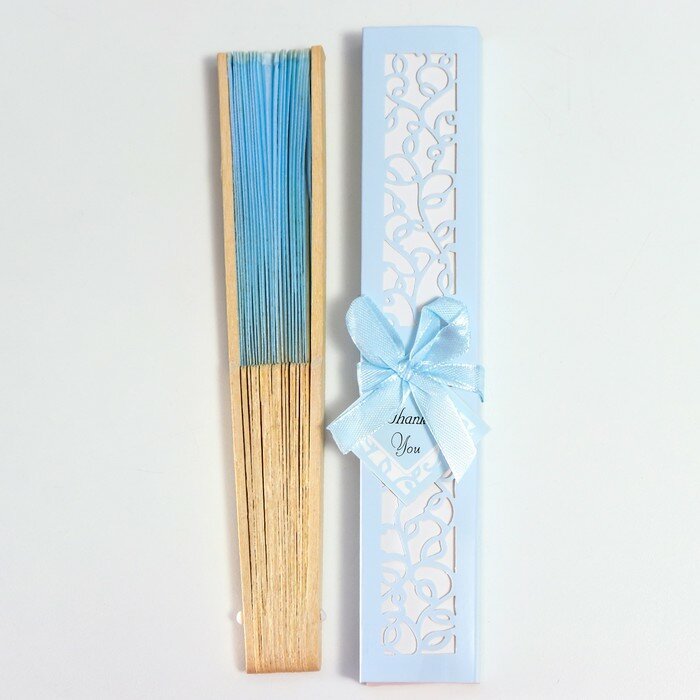 Веер бамбук, текстиль h=21 см "Моноцвет" в коробке, нежно голубой - фотография № 8