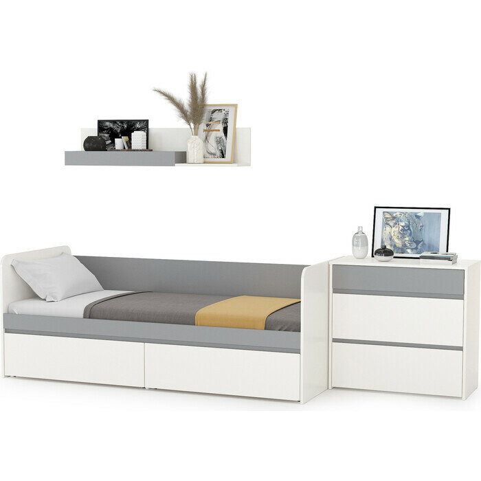 фото Модульная система для детской Моби Торонто 11.39 Кровать + 16.475 Полка + 13.321 Комод, цвет белый шагрень/стальной серый, 80х190