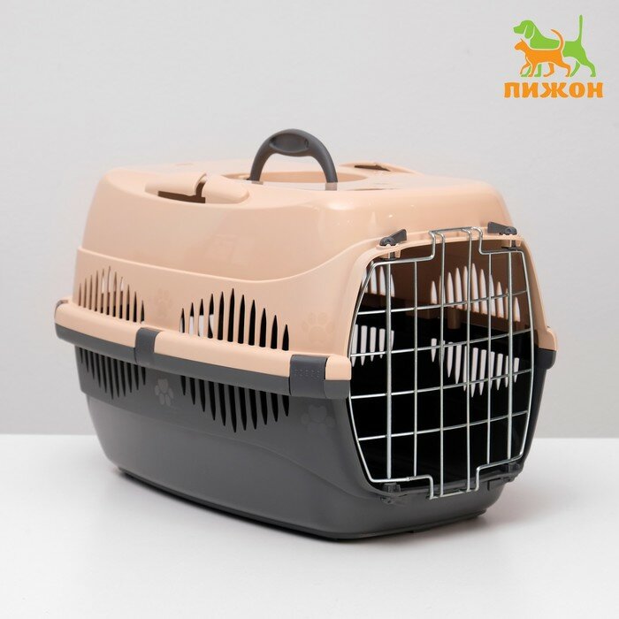 фото Переноска для животных до 12 кг "Пижон" 49х33х32см, металлическая дверь, бежево-серая