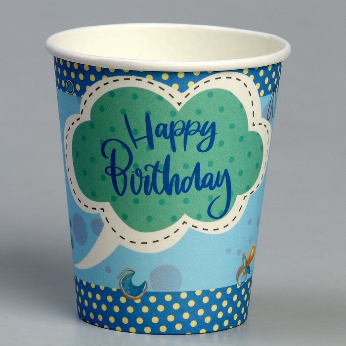 Стакан бумажный «С днём рождения», мишка, в наборе 6 штук, голубой - фотография № 1