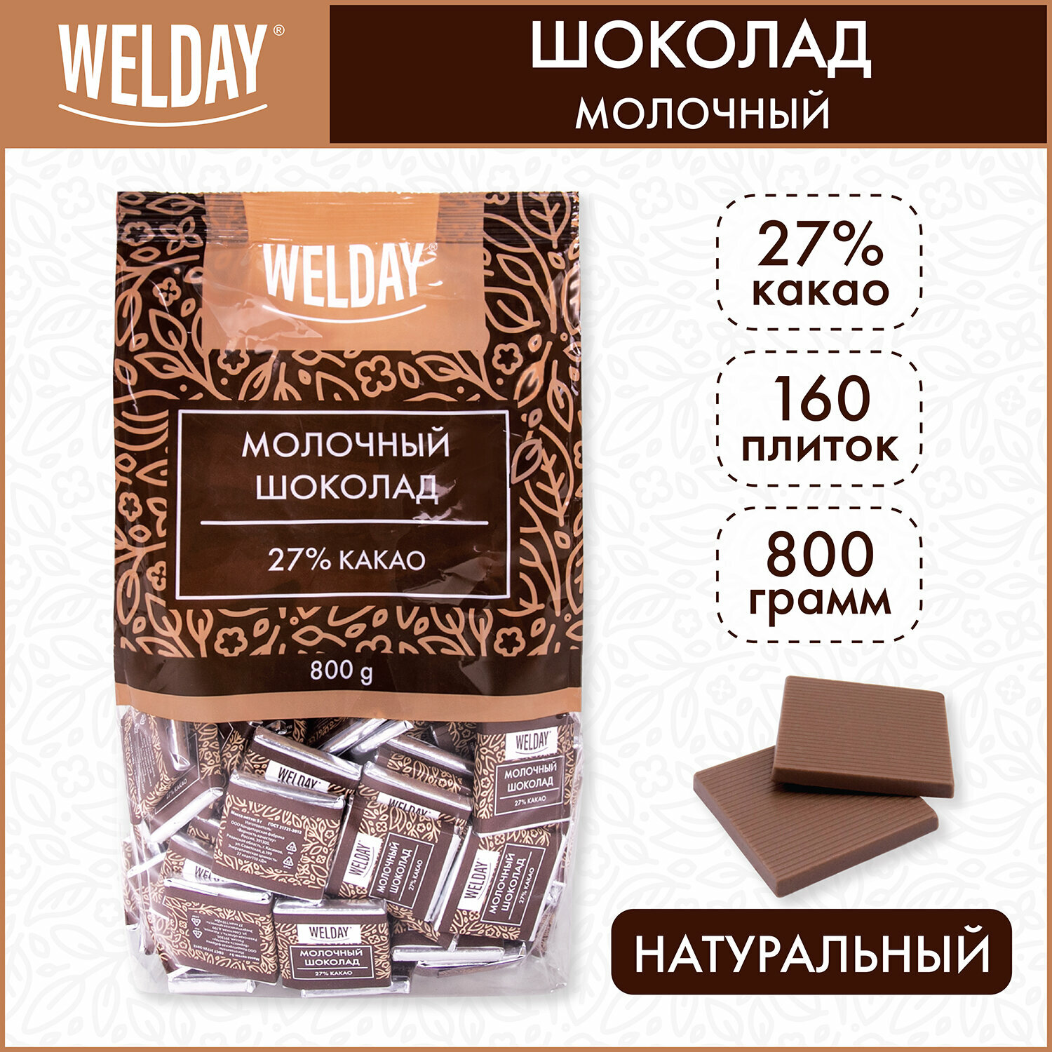 Шоколад порционный WELDAY "Молочный 27%", 800 г (160 плиток по 5 г), пакет - фотография № 1