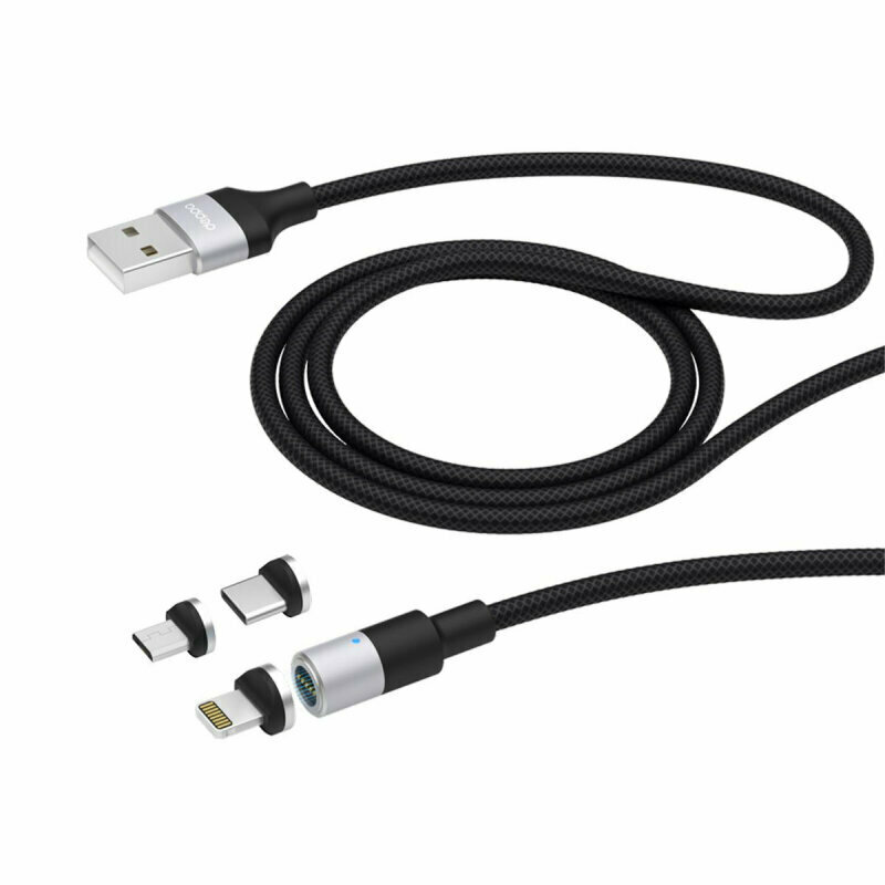 Кабель Deppa USB 3 в 1: microUSB, USB-C, Ligthning, 2.4A, магнитный, черный, 1665476