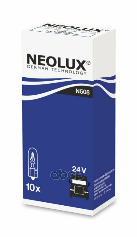 Автолампа Neolux N508 W1,2W(T5) 24V 1,20W W2x4,6D Original (К10/50) Neolux арт. N508