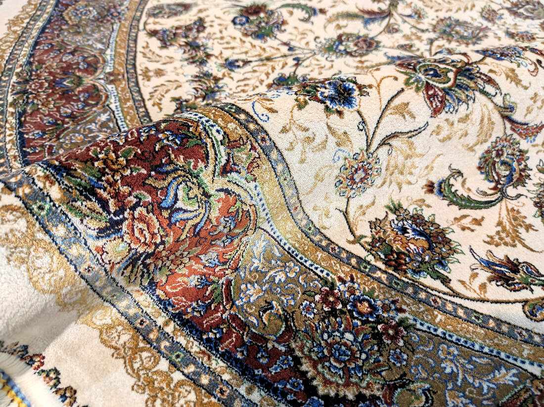 Бамбуковый ковер на пол овал, 150×225 бежевый с бордовым, иранский классический стиль Silk Qum Afshan - фотография № 2