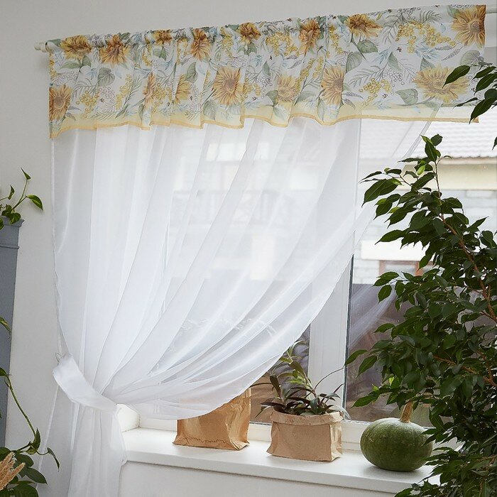 Тюль с подхватом и ламбрекеном "Солнечные цветы" 250х200см, 100% п/э, вуаль - фотография № 2