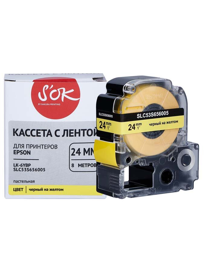 Кассета с лентой C53S656005 для Epson LW-600P, LW-700 S'OK черный на желтом, 24мм/8м, пастельная