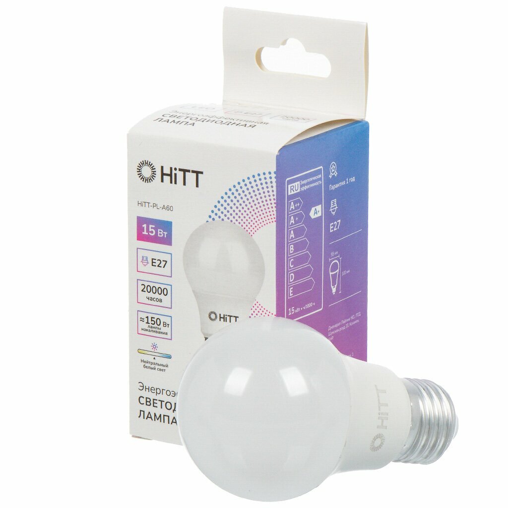 Лампа светодиодная E27, 15 Вт, 230 В, груша, 4000 К, свет нейтральный белый, HiTT-PL-A60
