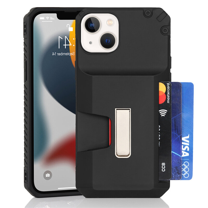 Чехол силиконовый для iPhone 14 (6.1), с карманом для карты, противоударный с подставкой, DU DU, черный