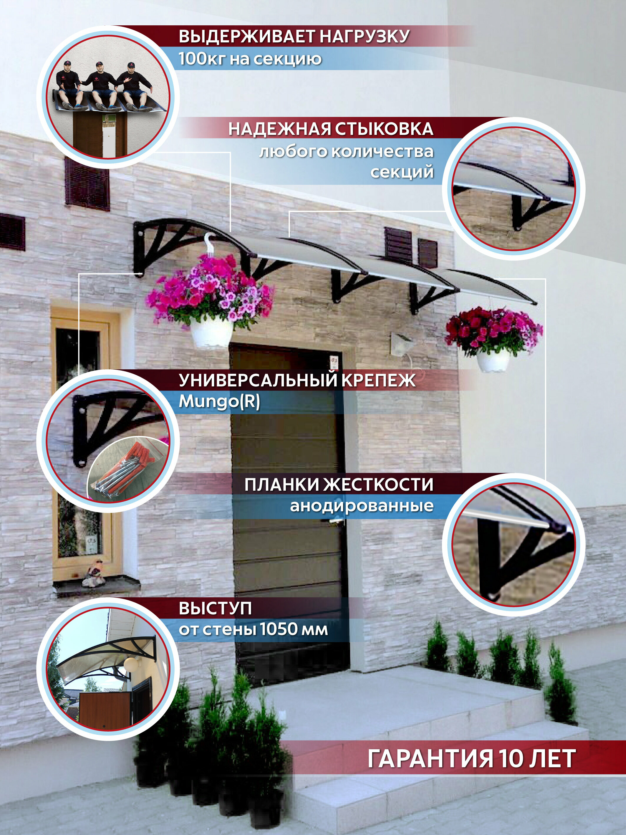 Усиленный козырек над крыльцом дверью, входом, окном для дома и дачи алмарта с коричневыми кронштейнами и прозрачным поликарбонатом - фотография № 2