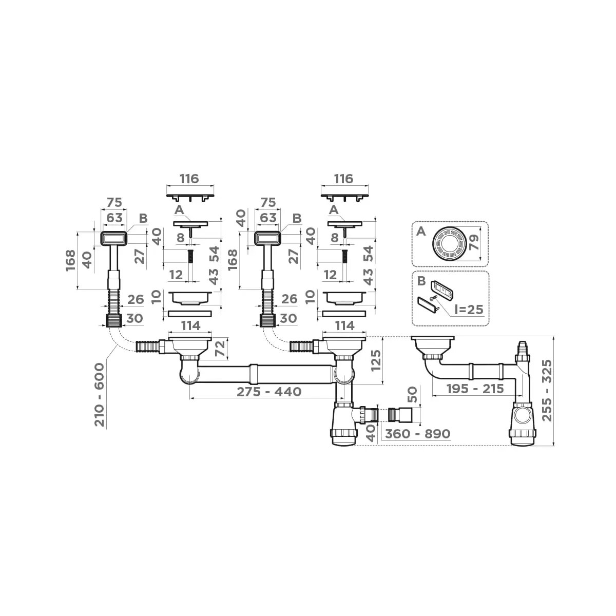 Арматура для двухчашевых моек Omoikiri WK-2C-GM (4956498) с прямоугольными переливами и декоративными элементами для корзины, вороненая сталь - фотография № 2