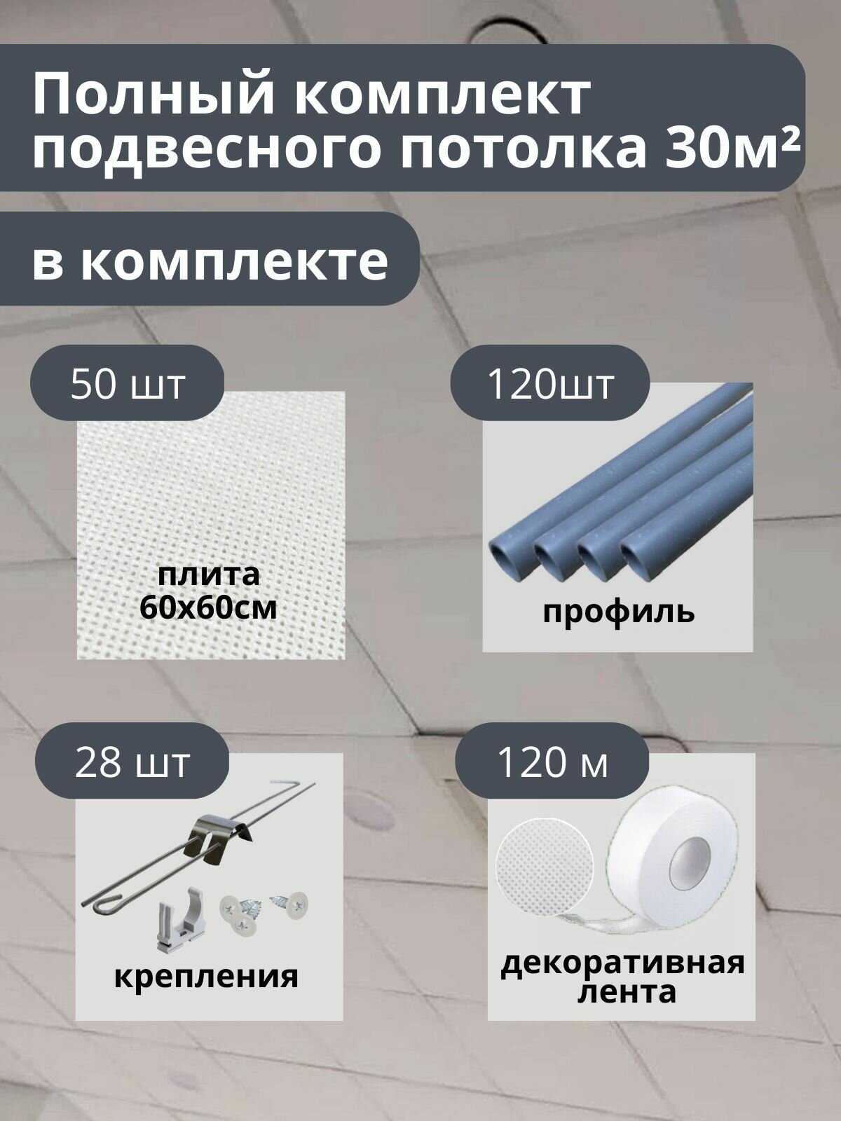 Комплект бюджетного подвесного потолка белый, матовый, универсальный 30 м.кв GOZHY. - фотография № 1