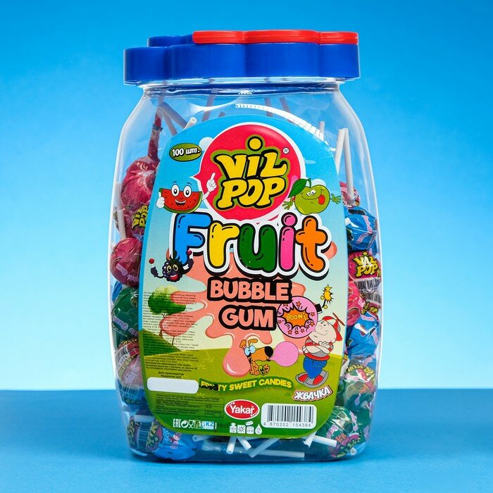 Леденцы карамельные на палочке "Vil pop" с жвачкой (bubble gum + fruit), 16 г - фотография № 1