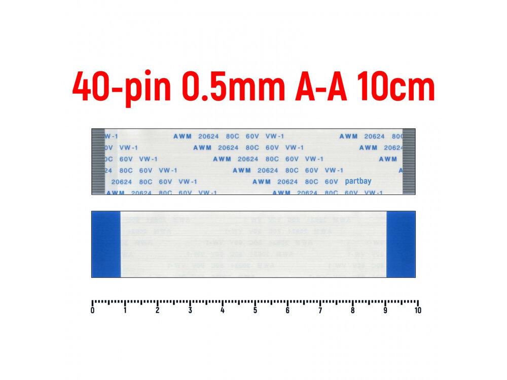 Шлейф FFC 40-pin Шаг 0.5mm Длина 10cm Прямой A-A AWM 20624 80C 60V VW-1