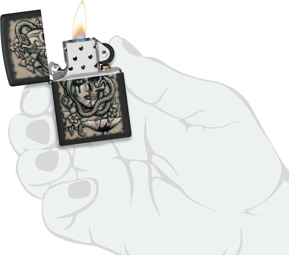Зажигалка ZIPPO Gory Tattoo с покрытием Black Matte, латунь/сталь, черная, матовая, 38x13x57 мм - фотография № 5