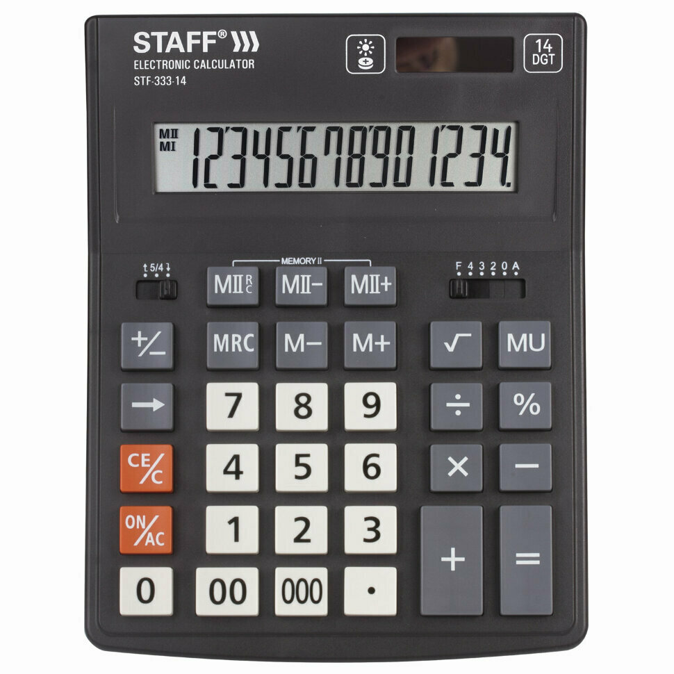 Калькулятор настольный STAFF PLUS STF-333 (200x154 мм), 14 разрядов, двойное питание, 250416, 250416