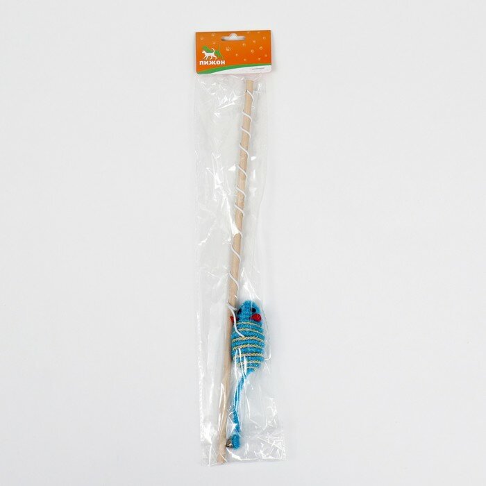 Дразнилка-удочка с блестящей мышью на деревянной ручке, синяя - фотография № 4