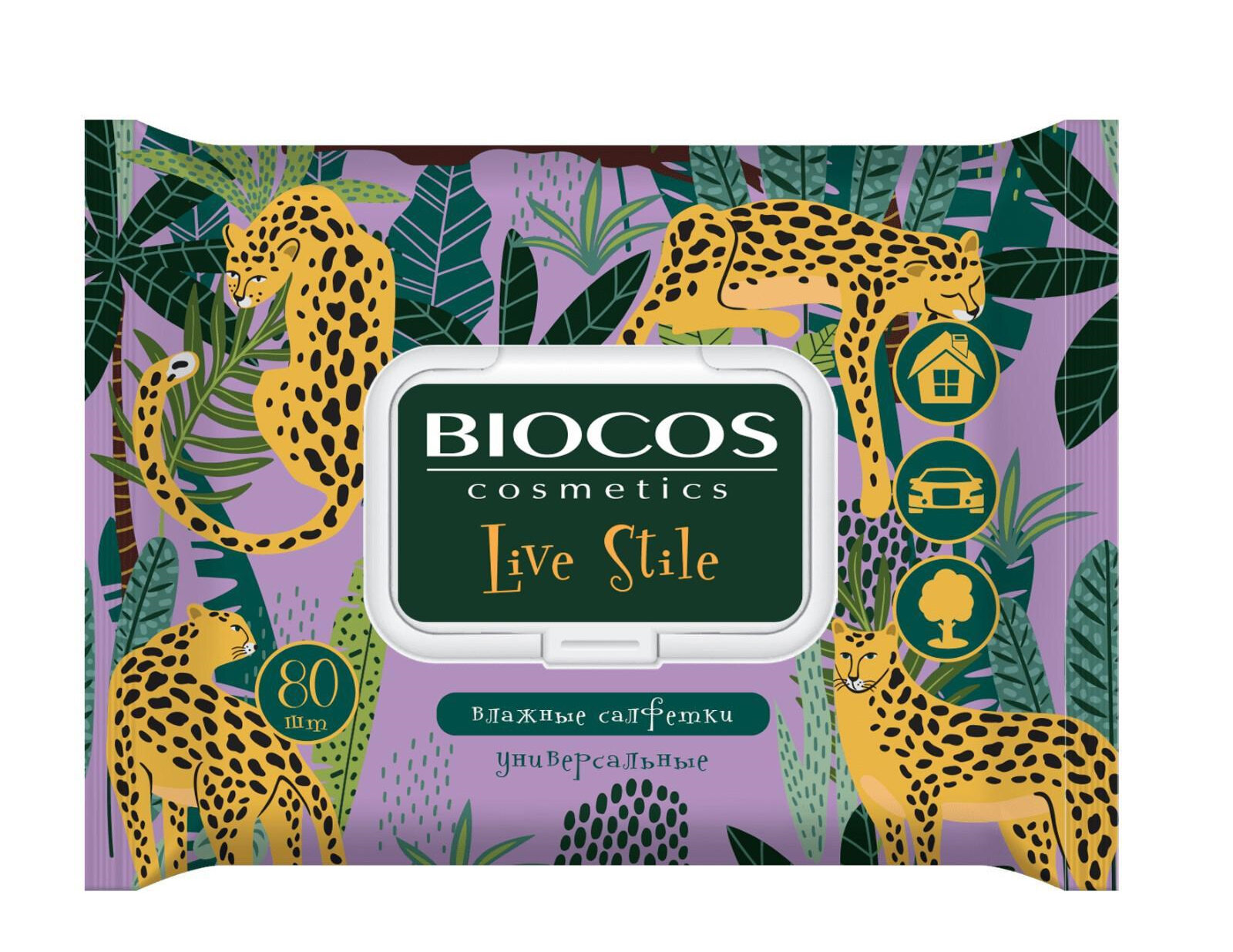 фото Влажные салфетки BioCos Универсальные анималистичный принт с клапаном 80 шт./упак.
