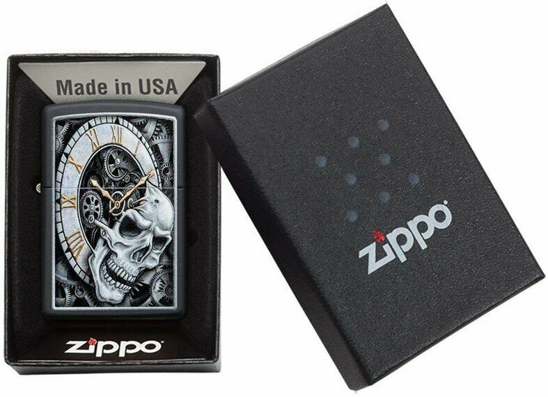 Зажигалка ZIPPO Skull Clock с покрытием Black Matte, латунь/сталь, чёрная, матовая, 38x13x57 мм - фотография № 7