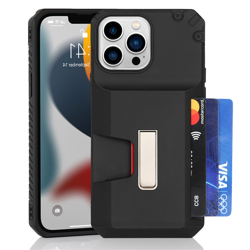 Чехол силиконовый для iPhone 14 Pro Max (6.7), с карманом для карты, противоударный с подставкой, DU DU, черный
