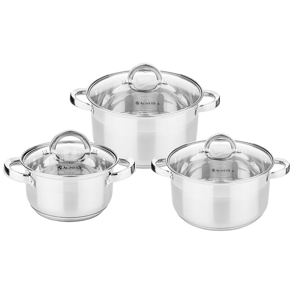 фото Набор из 6 предметов Кастрюли с крышками Agness 1.7л, 2.6л, 3.5л, сталь, стекло, индукция