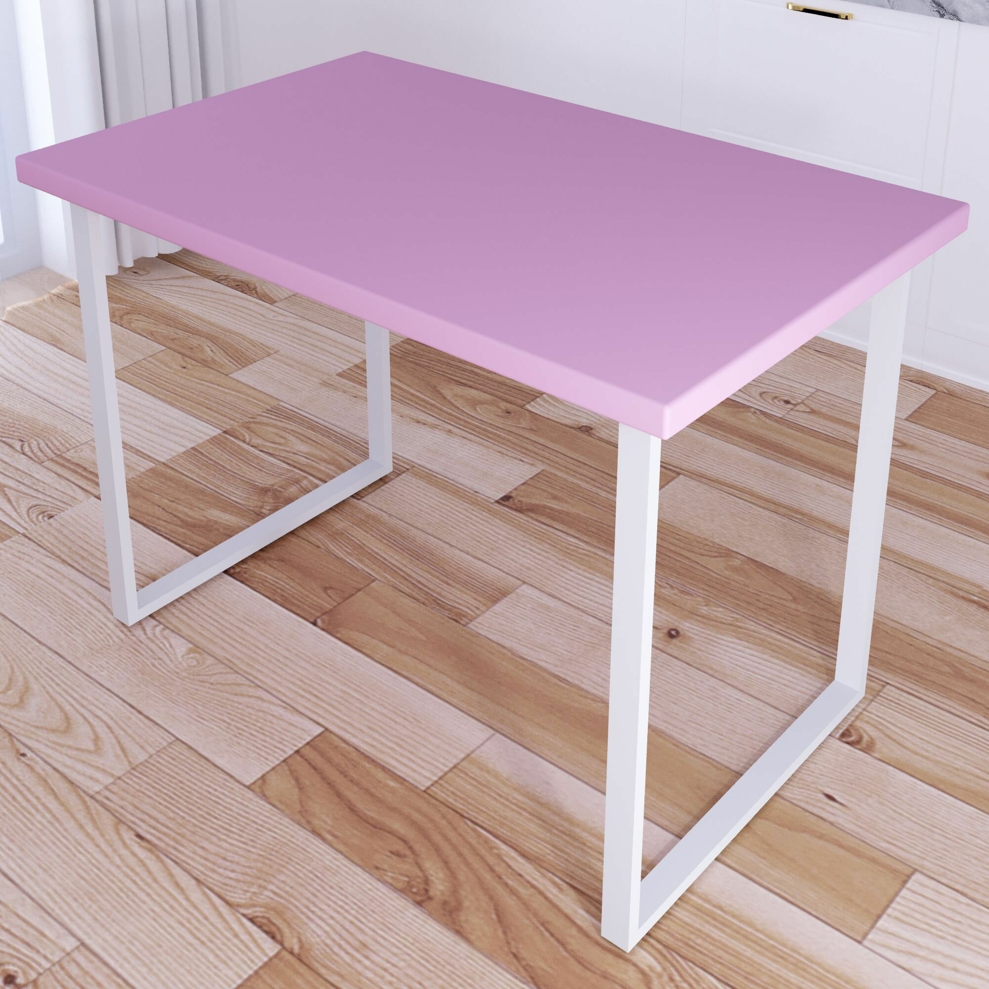 Стол кухонный Loft со столешницей розового цвета из массива сосны 40 мм и белыми металлическими ножками, 120х75х75 см - фотография № 1