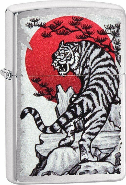 Зажигалка ZIPPO Asian Tiger с покрытием Brushed Chrome, латунь/сталь, серебристая, 38x13x57 мм - фотография № 1