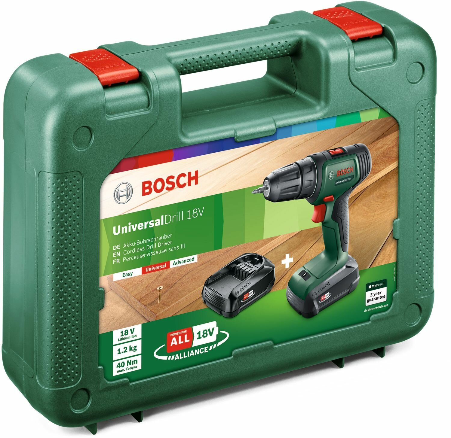 Дрель-шуруповерт BOSCH UniversalDrill 18V, 1.5Ач, с двумя аккумуляторами [06039d4002] - фото №3