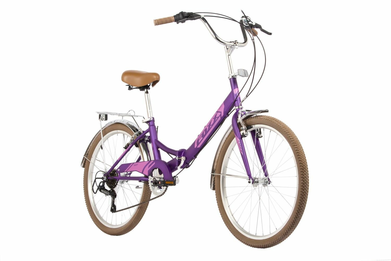 фото Велосипед FOXX 24" складной, SHIFT, фиолетовый, 6-скор, Shimano RS35/TY21, двойной обод, багажник