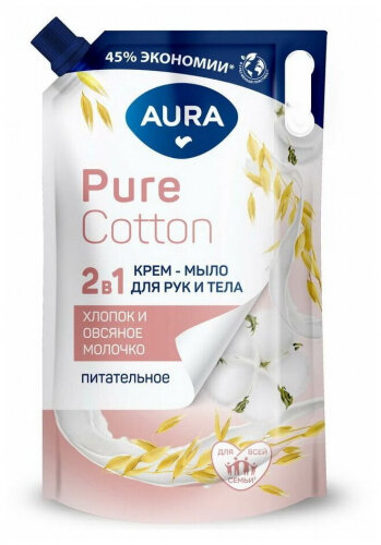 Крем-мыло AURA Pure Cotton Хлопок и овсяное молочко 2в1 для рук и тела 850мл