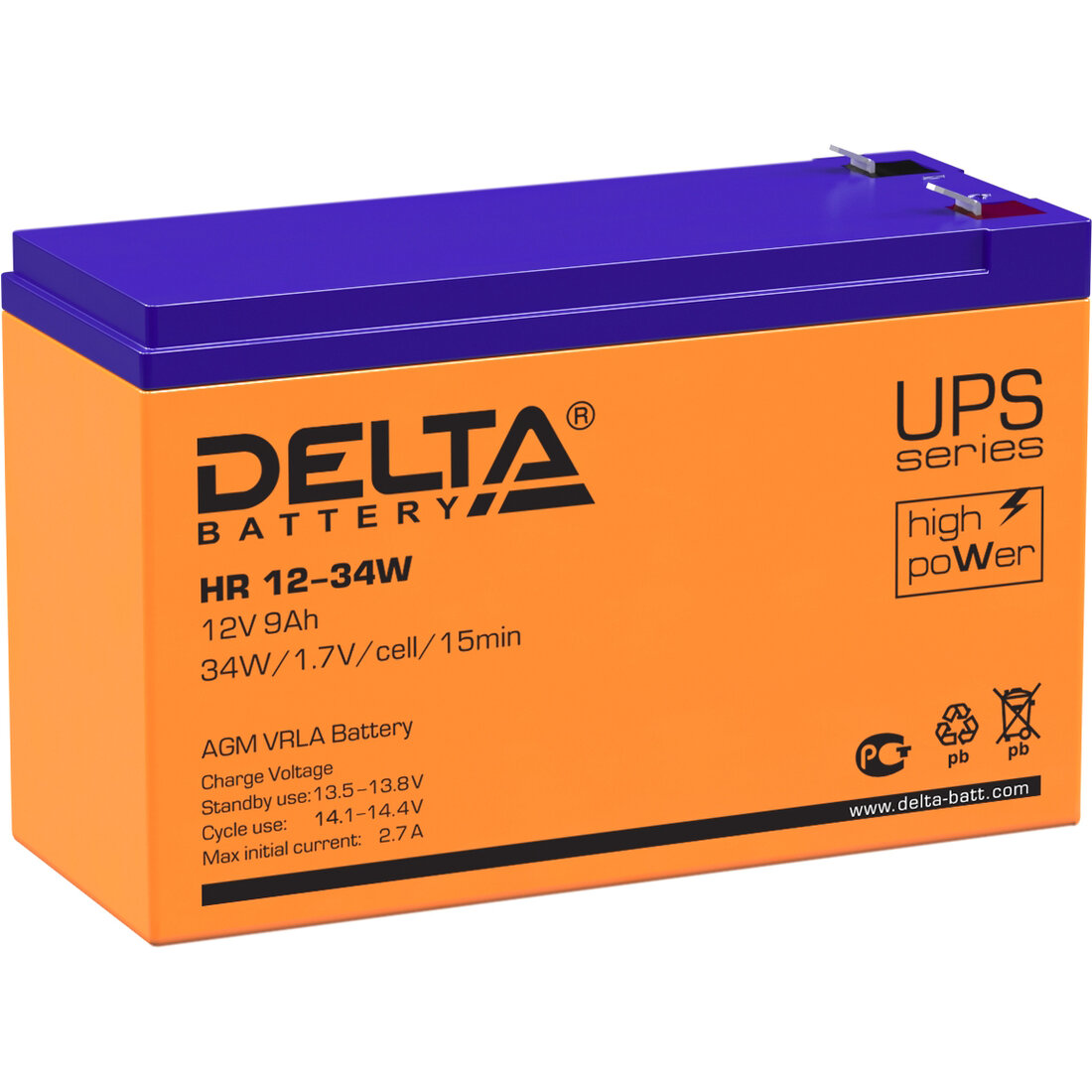 Delta HR 12-34 W (12V / 34Ah) Батарея DELTA серия HR-W HR 12-34 W напряжение 12В емкость 9Ач (разряд 20 часов) макс. ток разряда (5 сек.) 160А макс. ток заряда 2.7А свинцово-кислотная типа AGM клеммы F2 ДxШxВ 151х65х94мм. вес 2.62кг. срок службы 8 лет. HR 12-34 W