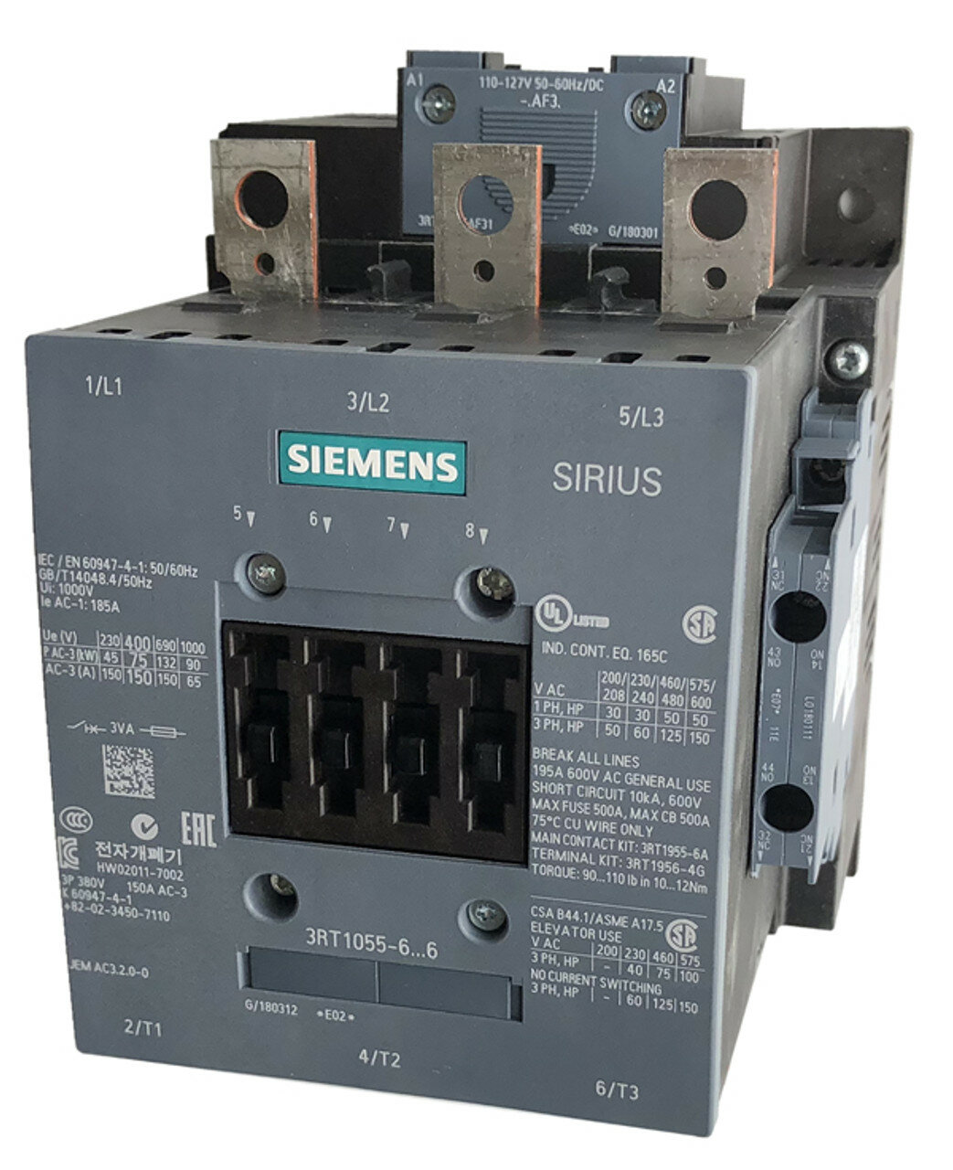 SIEMENS 3RT1055-6AP36 Контактор 3-х полюсный 150А, 75KW/(макс допустимый ток 185А) 220V AC 2NO+2NC