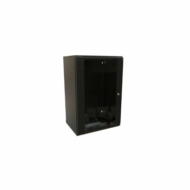 Шкаф WRLINE Шкаф настенный 19-дюймовый (19"), 22U, 1086x600х600мм, стеклянная дверь, цвет черный (RAL 9004) (разобранный)