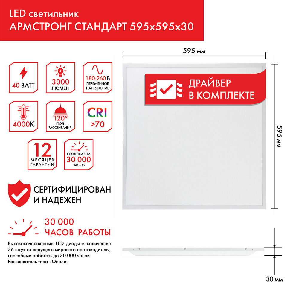 Светильник светодиодный с драйвером армстронг SONNEN стандарт 4000 K, нейтральный белый, 595х595х30 мм, 40 Вт, матовый, 237154, 237154 - фотография № 2