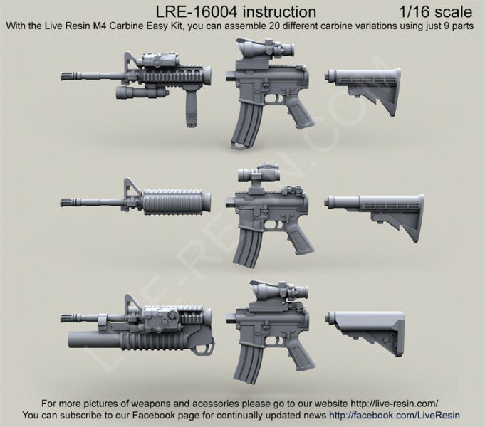 LRE16004 US Army M4 carbine Easy Kit, you can assemble 20 different carbine variations using just 9 parts, 1/16 scale