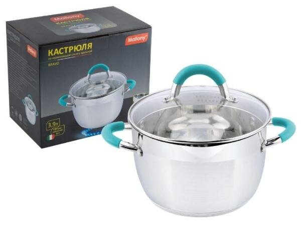 Кастрюля нержав. BRAVO 3,9 Л стекл. Крышка, 20*12,5 СМ (1/6) MALLONY