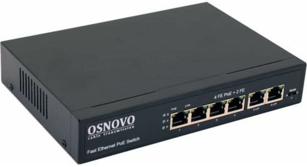 PoE коммутатор OSNOVO SW-20600(80W) 6 портов 4 PoE порта 10/100 Base-T 2х10/100 Base-T Uplink до 30W на порт суммарно до 80W