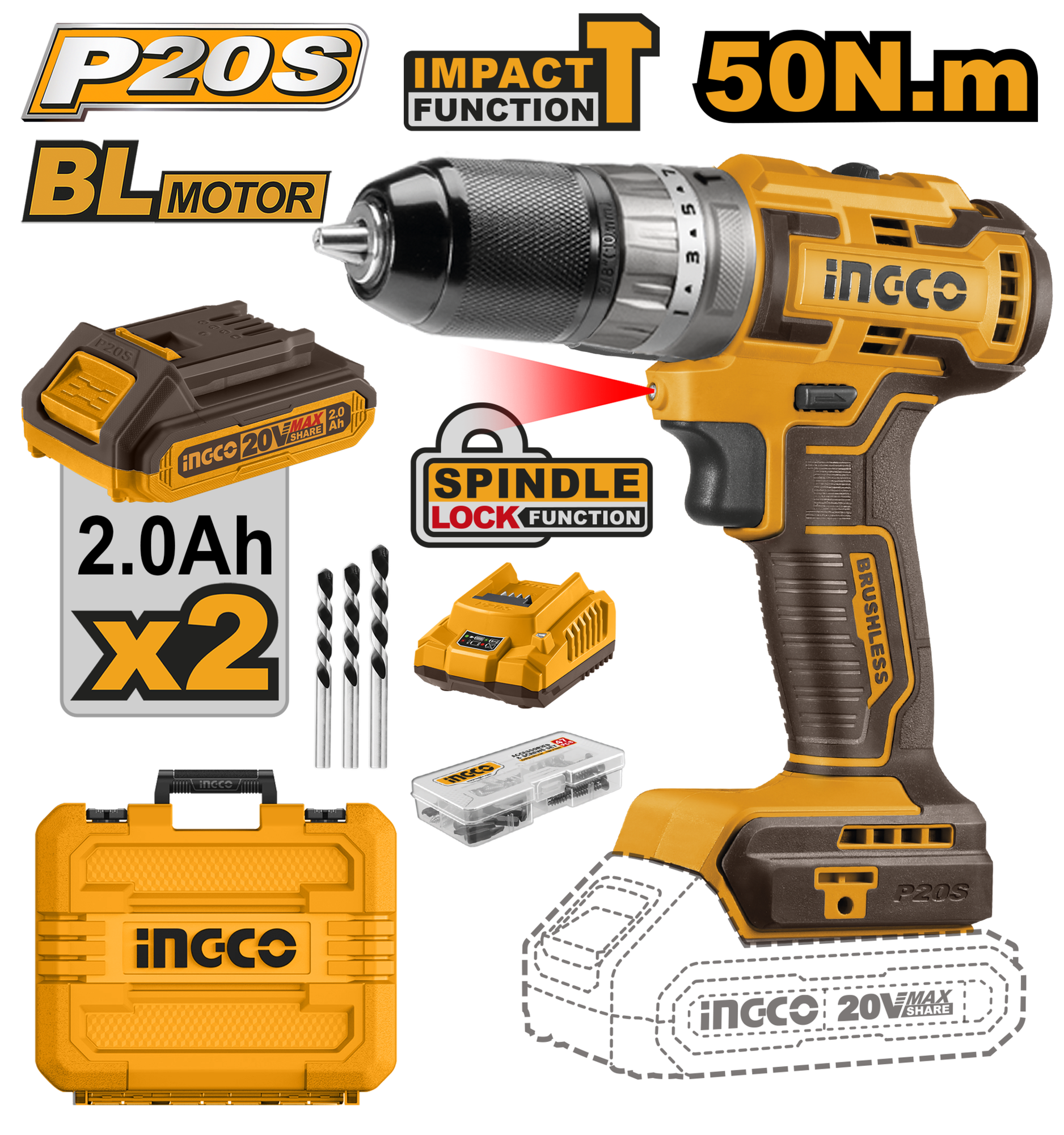 Аккумуляторный бесщёточный ударный шуруповерт INGCO CIDLI20508 INDUSTRIAL 20 B 50 Нм 18+1+1