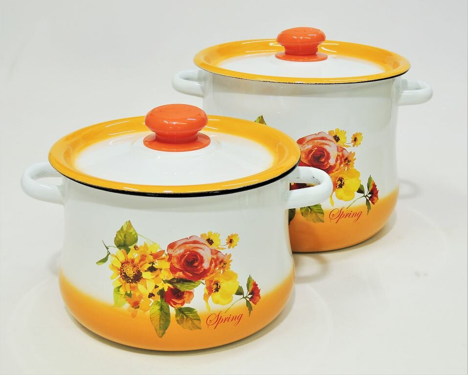 фото Набор посуды эмаль Сибирские товары "Весна" N18A77, 2 предмета (кастрюли груш.5,5л, 4л), белый с оранж.тонир.