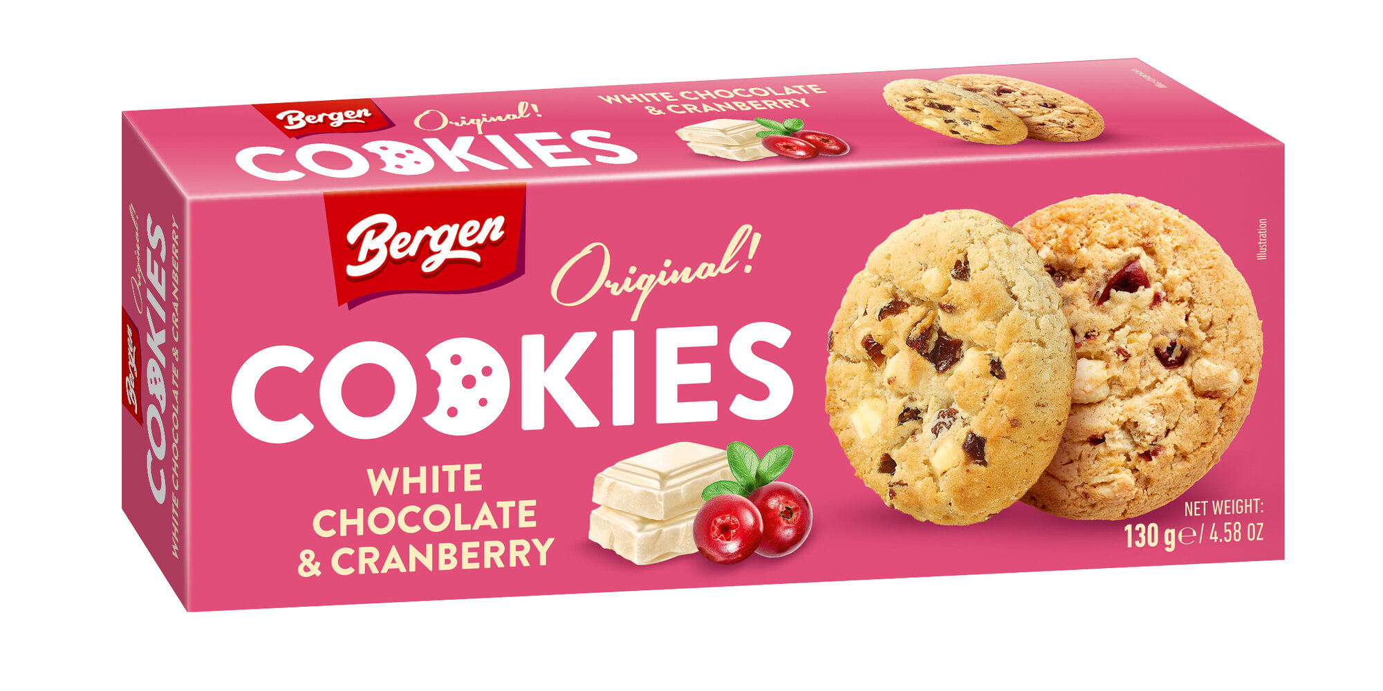 Печенье BERGEN "Original cookies" с кусочками белого шоколада и клюквой, 130г