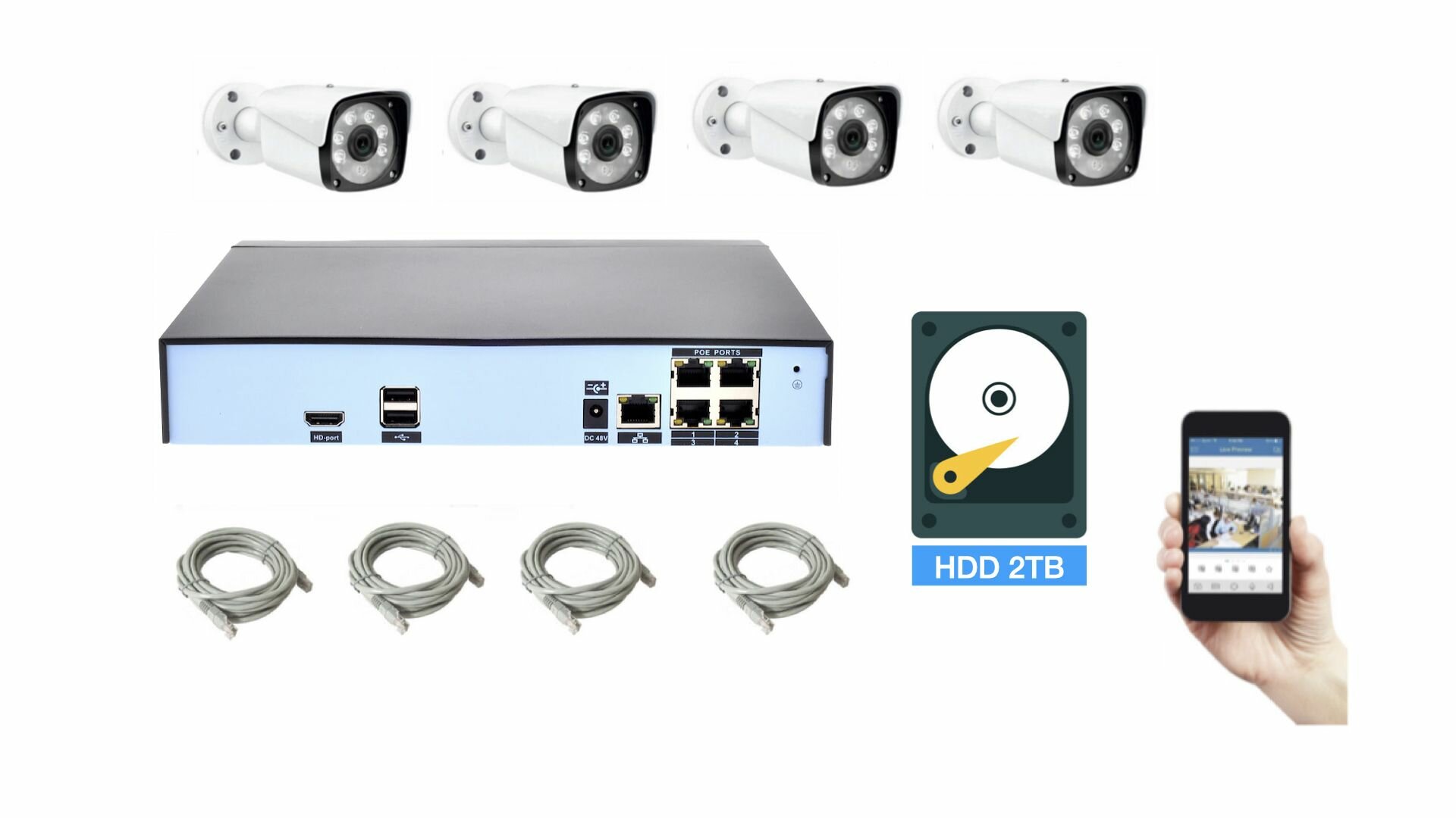 Полный IP POE комплект видеонаблюдения на 4 камеры (KIT4IPPOE20MB3_HDD2TB_UTP-2)