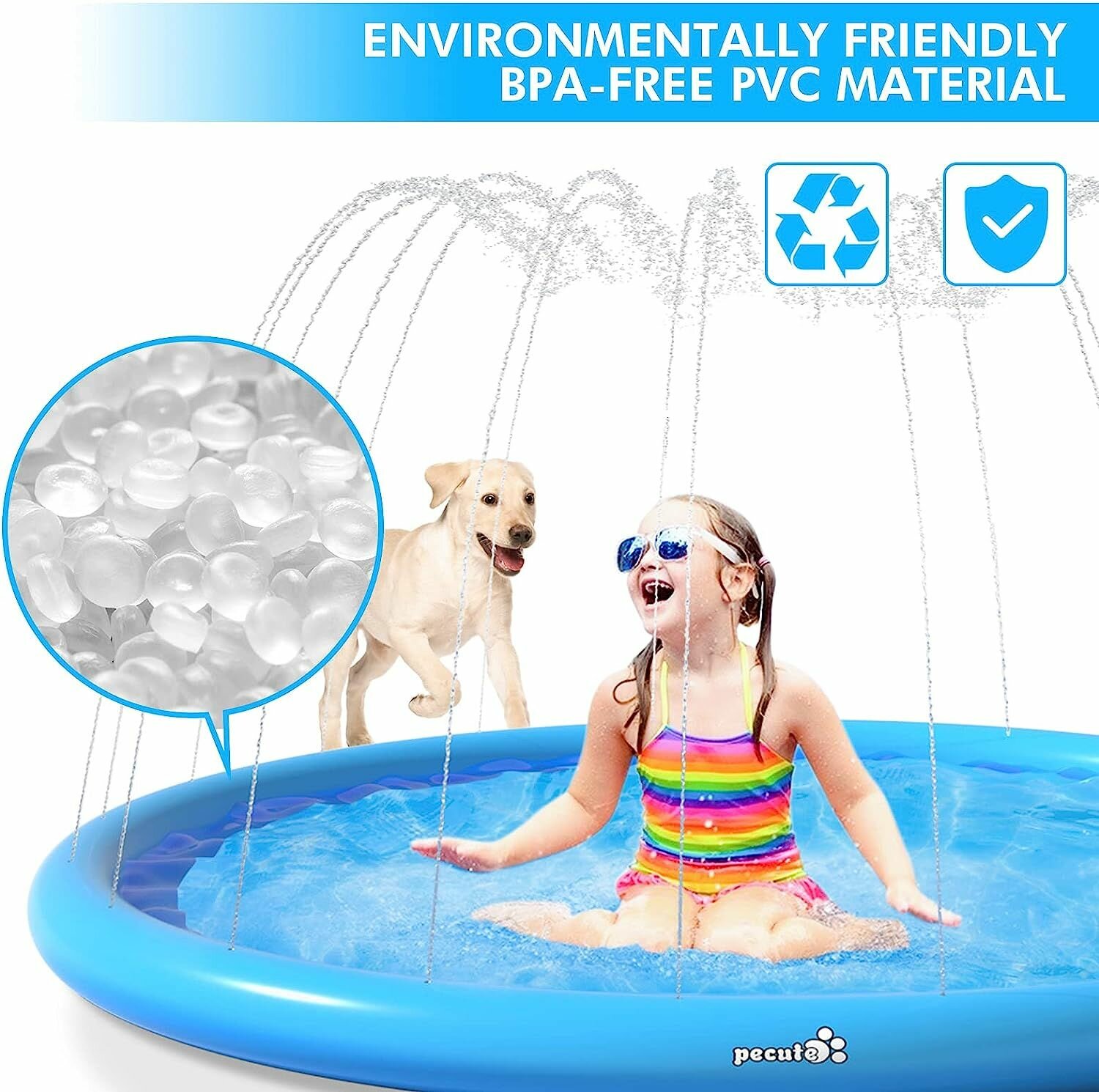 Бассейн с распрыскивателем Pecute для собак и детей S 100 см голубой - фотография № 3