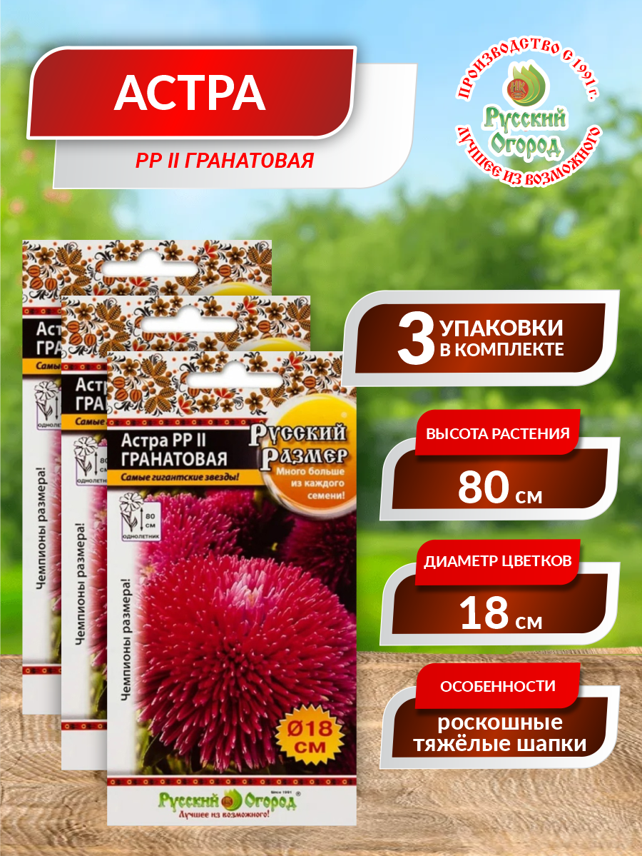 Семена Астра Русский размер 2 Гранатовая Однолетние 0,2 гр. х 3 уп.