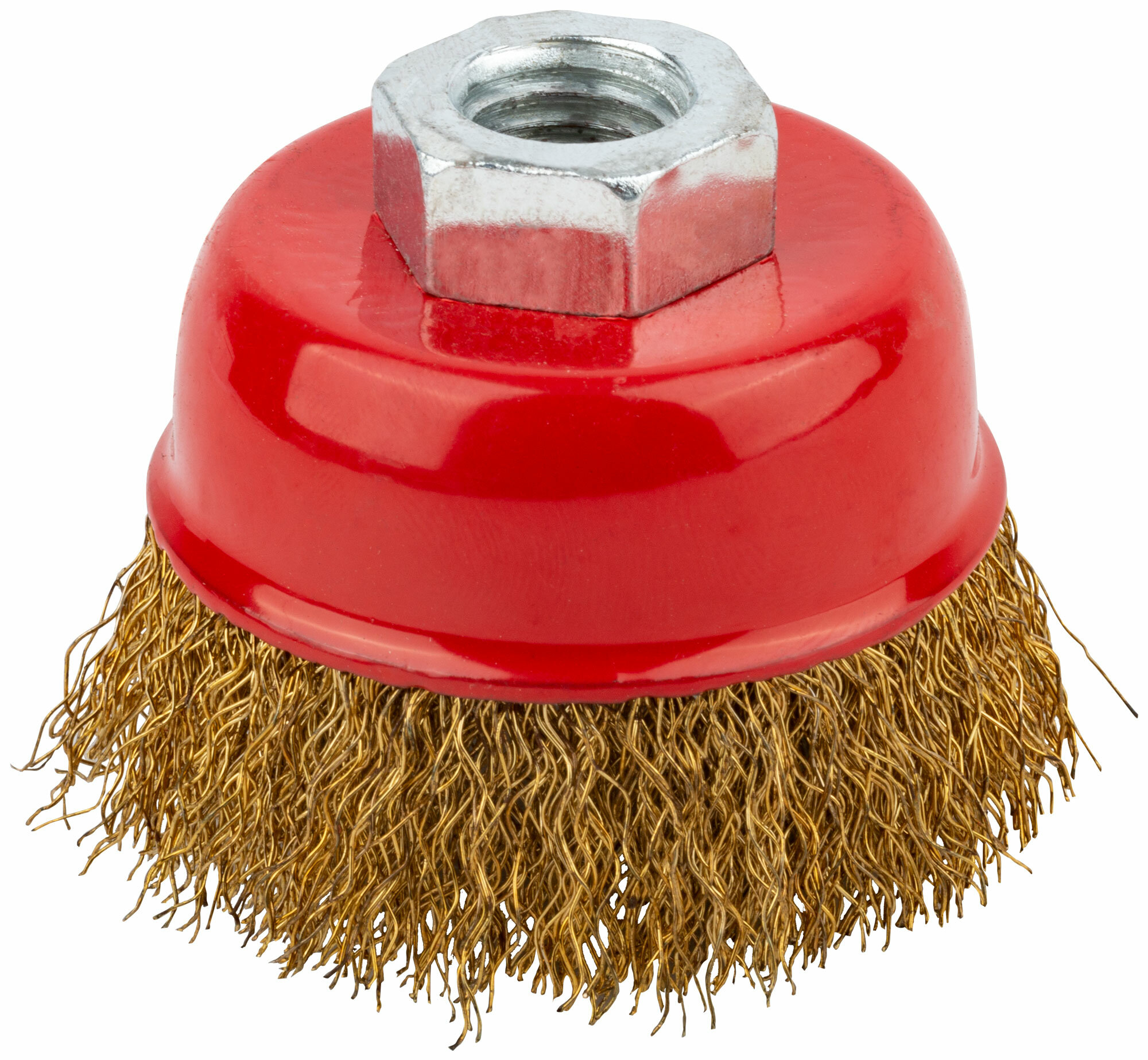 фото Корщетка чашечная, гайка М14, стальная латунированная волнистая проволока 150 мм