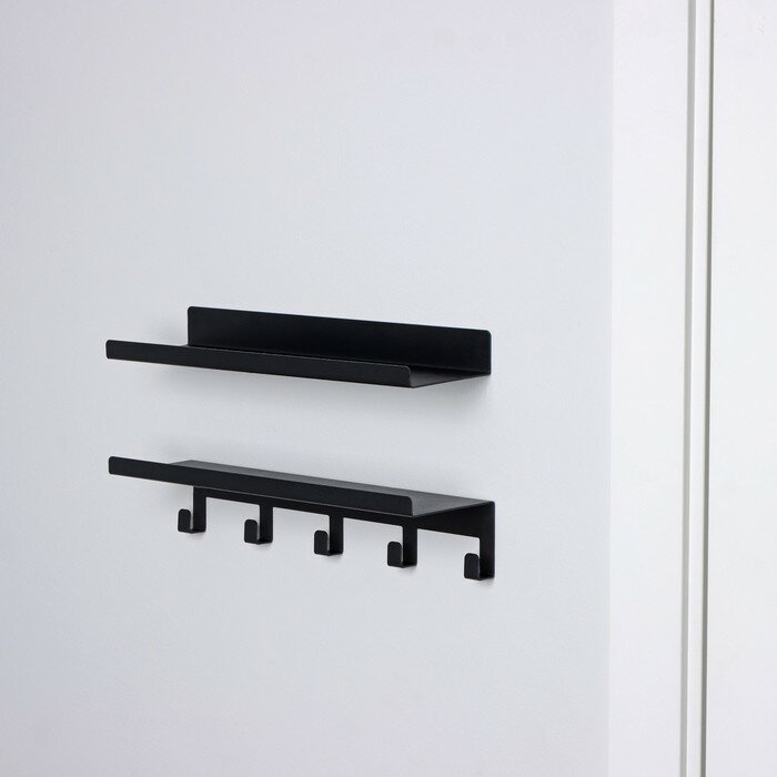 Набор полок с крючками лофт, 2 полки: 350×100×35 мм, 350×100×80 мм, цвет черный - фотография № 2