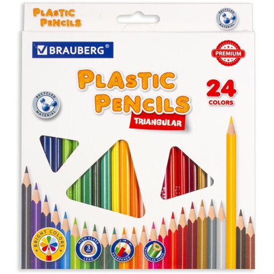 Карандаши цветные BRAUBERG пластиковые PREMIUM, 24 цвета, трехгранные, грифель мягкий 3 мм