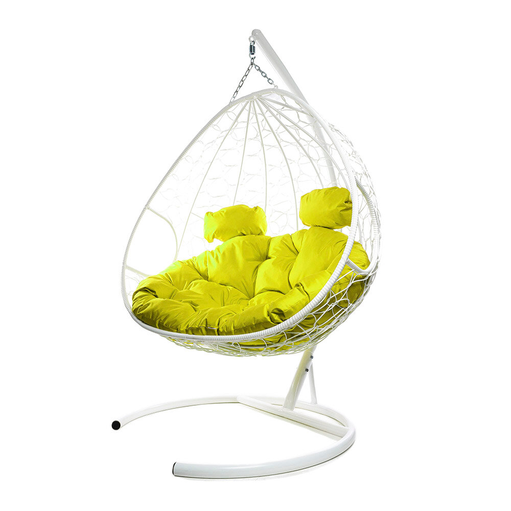 Подвесное кресло из ротанга "Для двоих" белое с жёлтой подушкой M-GROUP - фотография № 1