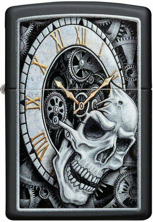 Зажигалка ZIPPO Skull Clock с покрытием Black Matte, латунь/сталь, чёрная, матовая, 38x13x57 мм - фотография № 4