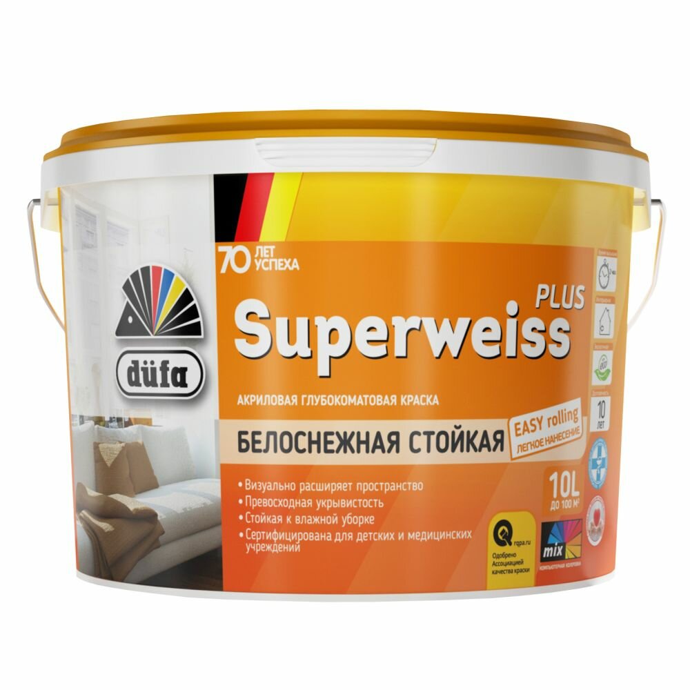 Краска для Стен и Потолков Dufa Retail Superweiss Plus 10л Белая Глубокоматовая, Воднодисперсионная.